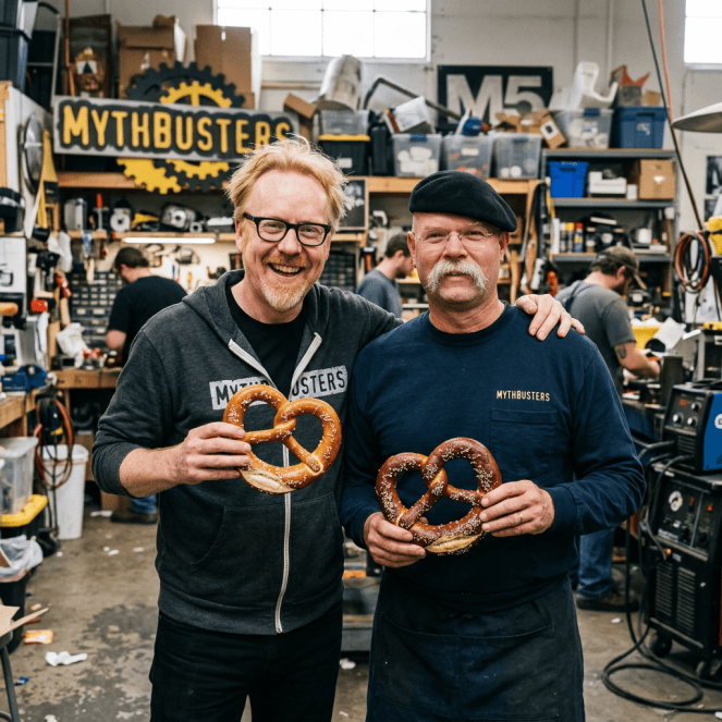 Two MythBusters hosts holding pretzels in a workshop labeled MYTHBUSTERS