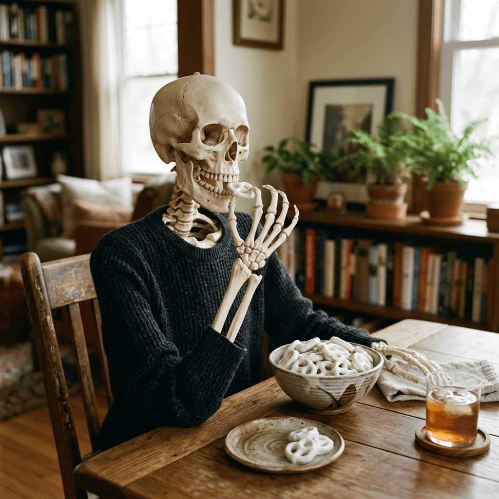 Skeleton in black sweater holding a bone-shaped treat at a table