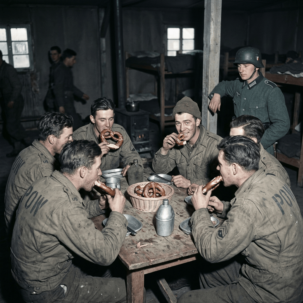 Soldiers eating pretzels around a table inside a barracks