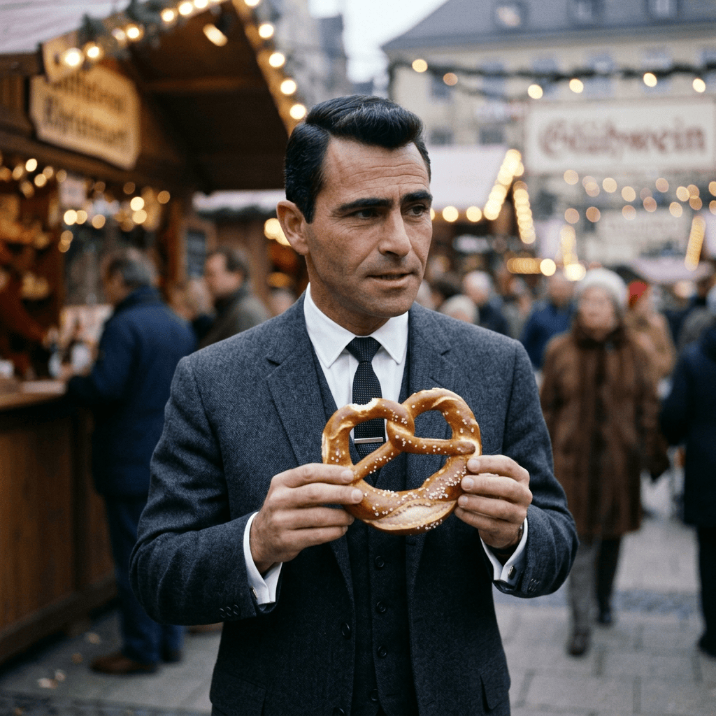 Man in suit holding a large salted pretzel at a festive market