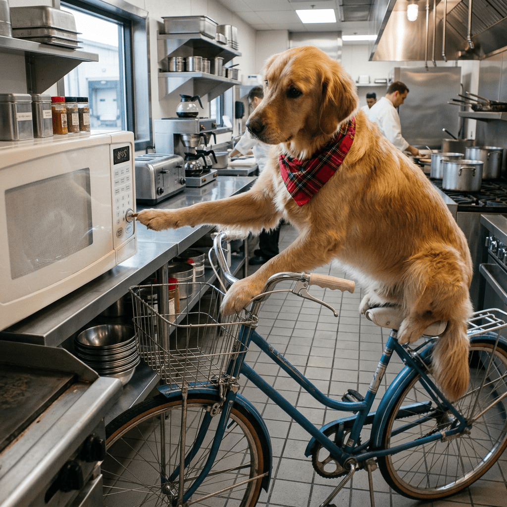Golden retriever on a bicycle reaching toward a microwave